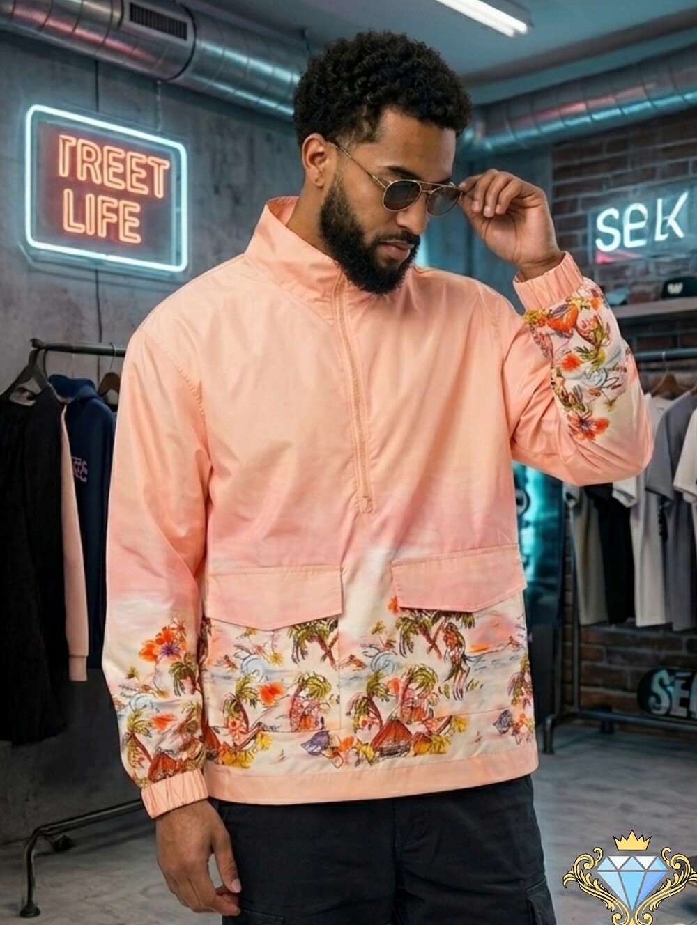 ROYALTY BY MALUMA MACYS BRAND PEACH ANORAK TROPICAL ISLAND PRINT JACKET LARGE